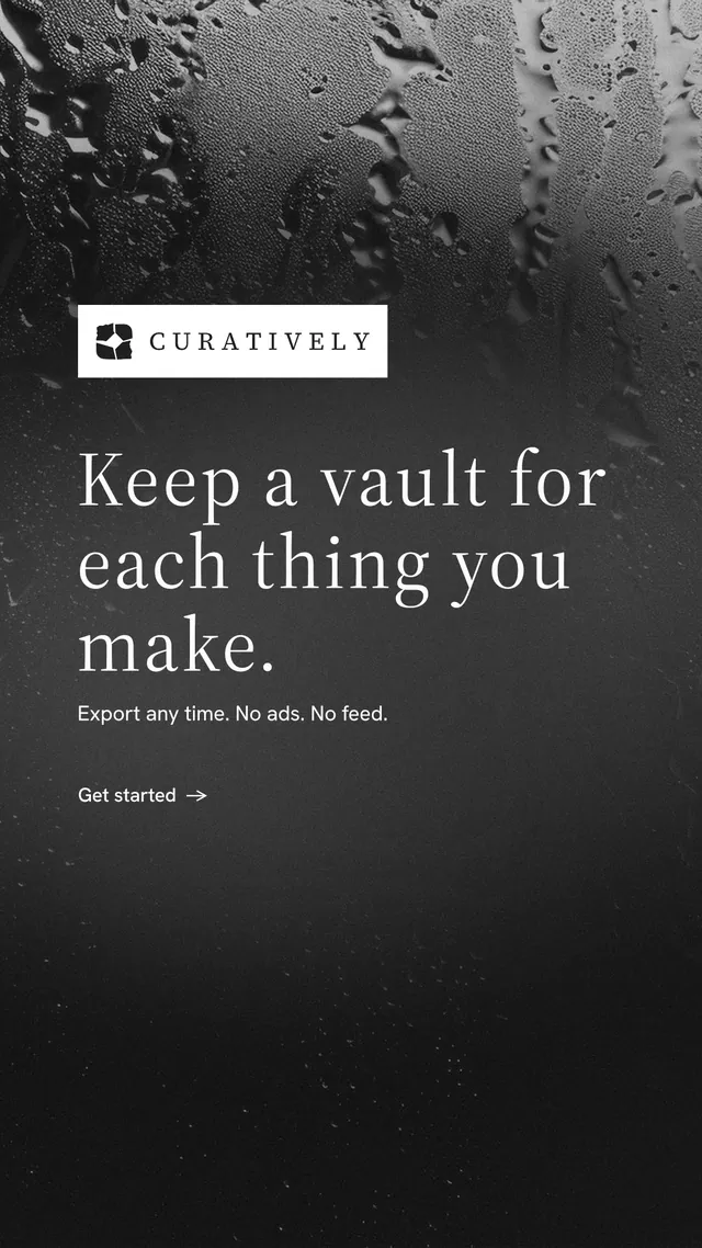 Instagram story for Curatively: "Keep a vault for each thing you make." Minimal luxury style, announce layout, dark palette in black, grey.