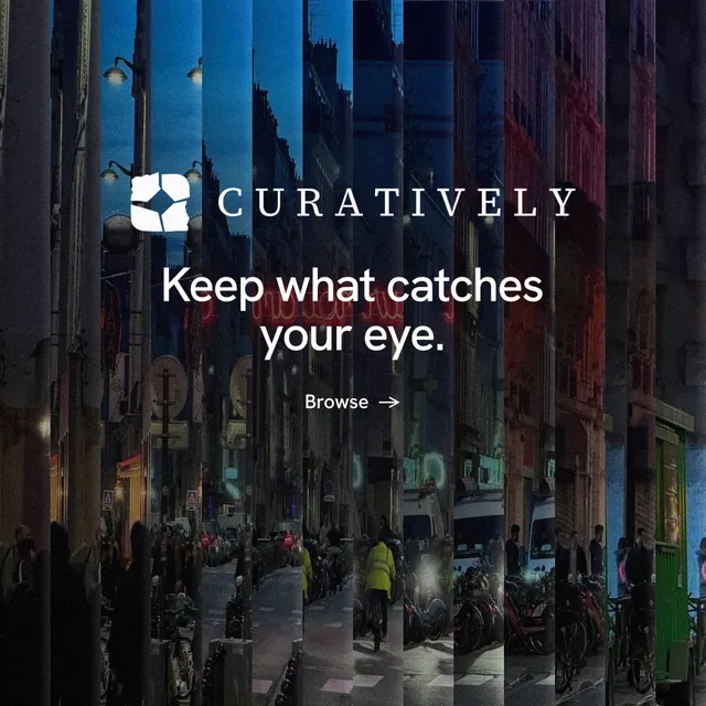 Instagram post for Curatively: "Keep what catches your eye." Minimal luxury style, logo hero layout, dark palette in black, blue.