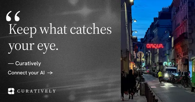 Social ad for Curatively: "Saved, sorted and yours." Minimal luxury style, quote layout, dark palette in grey, blue, black.