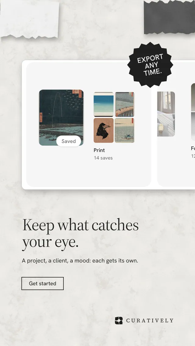 Instagram story for Curatively: "Keep what catches your eye." Editorial style, sticker layout, light palette in white, grey.