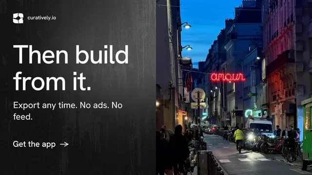 Landscape graphic for Curatively: "Then build from it." Minimal luxury style, bottom layout, dark palette in black, grey, blue.