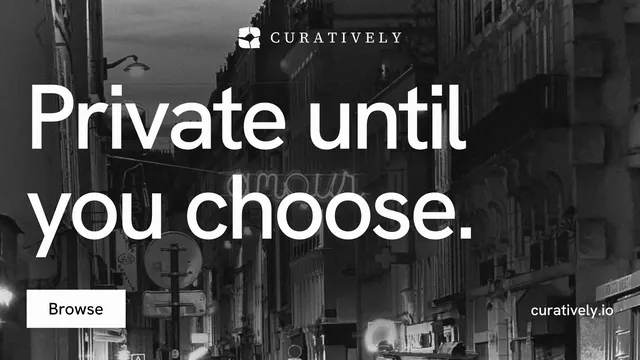 Landscape graphic for Curatively: "Private until you choose." Swiss style, poster layout, dark palette in black, grey.