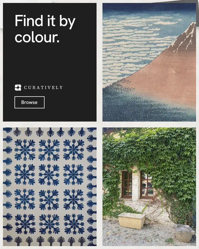 Instagram portrait post for Curatively: "Find it by colour." Editorial style, collage layout, light palette in grey, black, white.