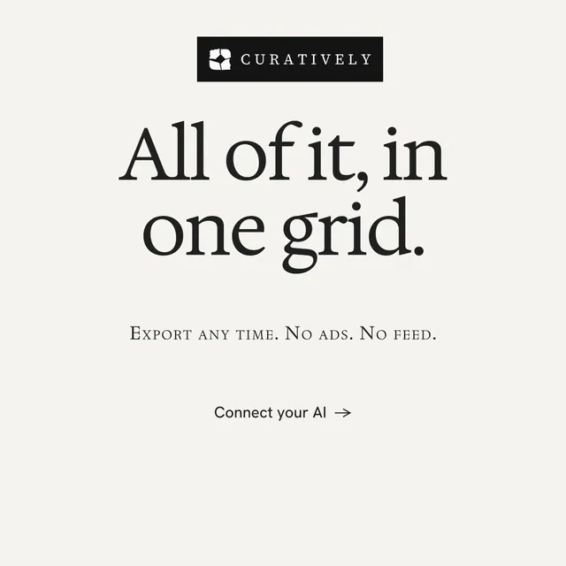 Instagram post for Curatively: "All of it, in one grid." Swiss style, smallcaps layout, light palette in white.
