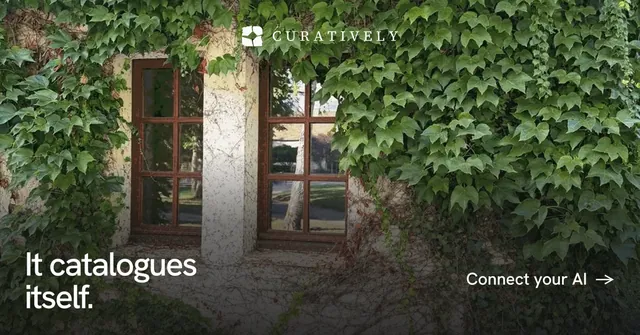 Social ad for Curatively: "It catalogues itself." Swiss style, image led layout, dark palette in black, green, grey.