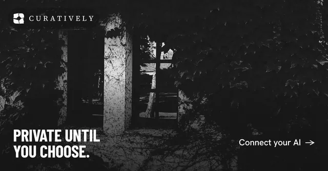 Social ad for Curatively: "Private until you choose." Retro print style, image led layout, dark palette in black, grey.