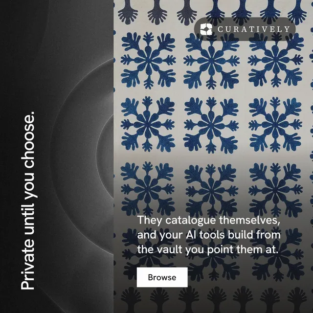 Instagram post for Curatively: "Private until you choose." Swiss style, vertical layout, dark palette in black, grey.