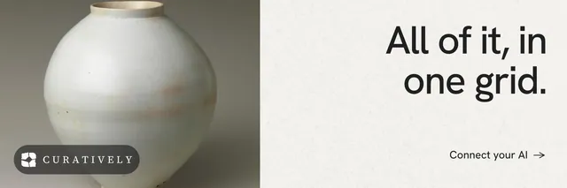 X header for Curatively: "All of it, in one grid." Minimal luxury style, right layout, light palette in white, grey.