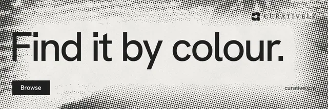 X header for Curatively: "Find it by colour." Swiss style, poster layout, light palette in grey, white.