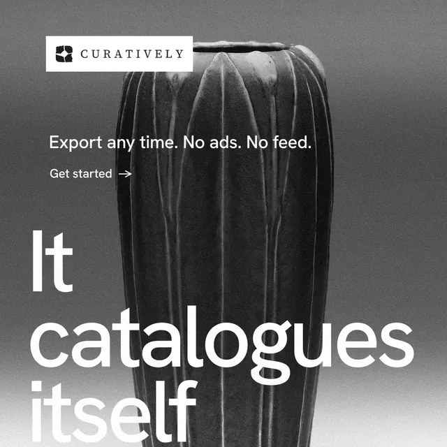 Instagram post for Curatively: "Saved, sorted and yours." Minimal luxury style, oversized layout, dark palette in grey, black, white.