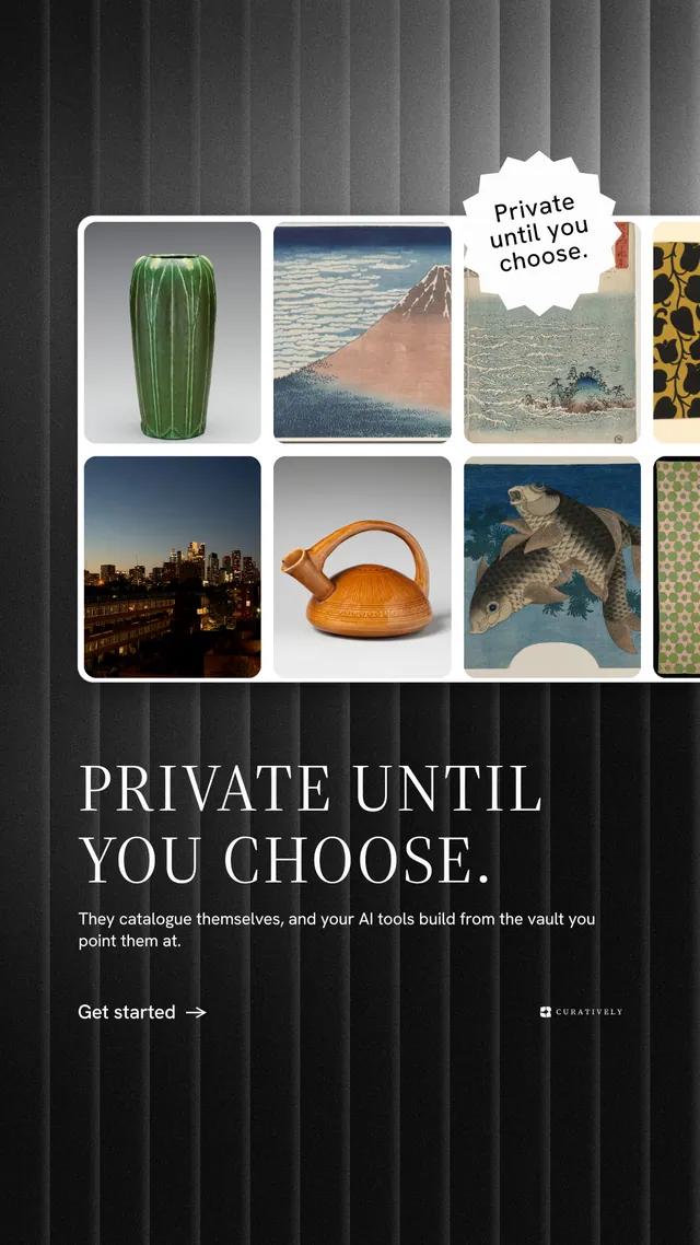 Instagram story for Curatively: "Private until you choose." Minimal luxury style, sticker layout, dark palette in black, grey.