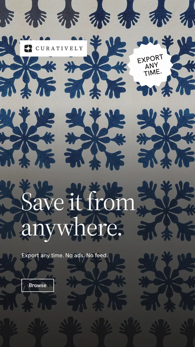 Instagram story for Curatively: "Save it from anywhere." Editorial style, sticker layout, dark palette in black, grey, blue.