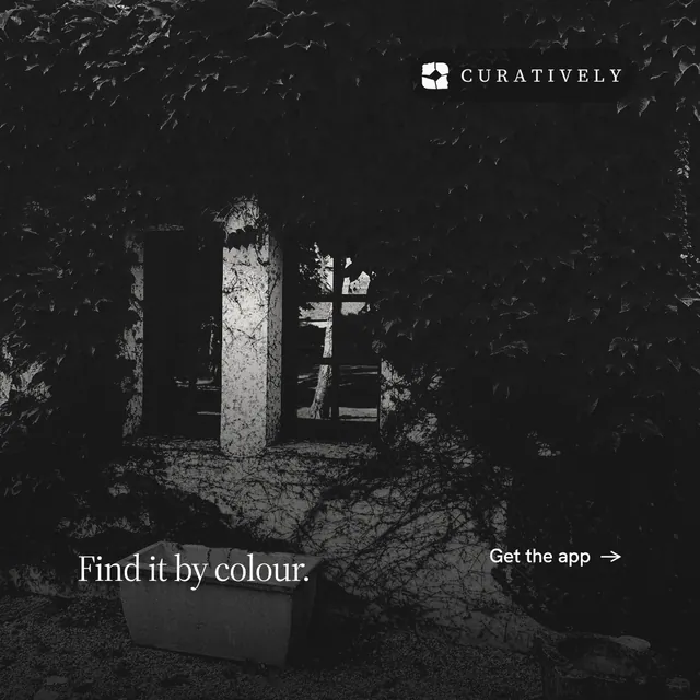 Instagram post for Curatively: "Find it by colour." Editorial style, image led layout, dark palette in black, grey.