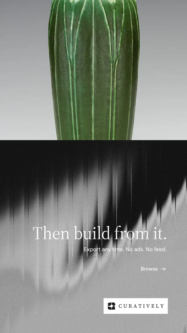 Instagram story for Curatively: "Then build from it." Minimal luxury style, right layout, light palette in grey, black.