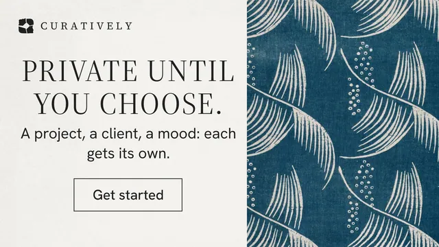 Landscape graphic for Curatively: "Private until you choose." Editorial style, skeleton layout, light palette in blue, white, grey.