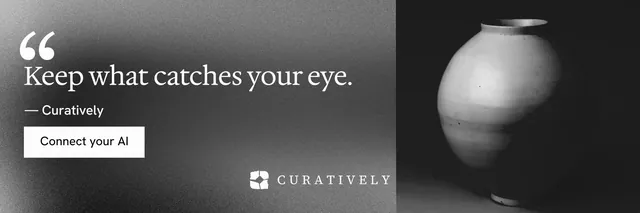 X header for Curatively: "It catalogues itself." Swiss style, quote layout, dark palette in black, grey.