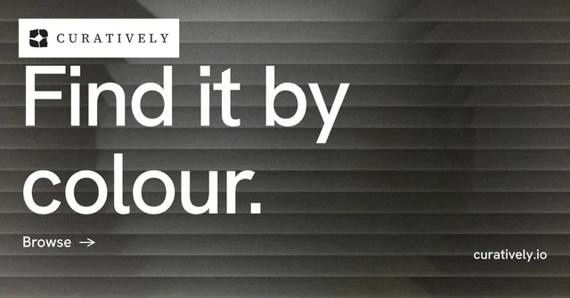Social ad for Curatively: "Find it by colour." Minimal luxury style, poster layout, dark palette in grey, black.