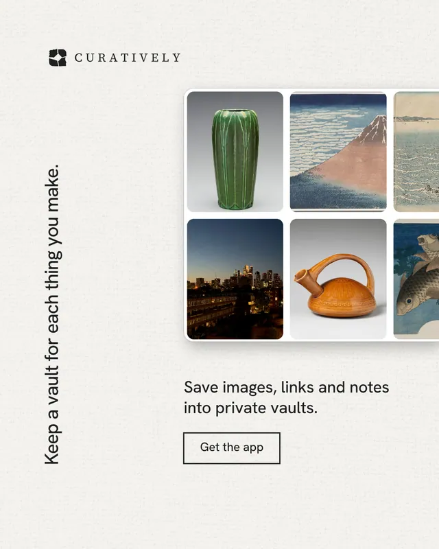 Instagram portrait post for Curatively: "Keep a vault for each thing you make." Editorial style, vertical layout, light palette in white, grey.
