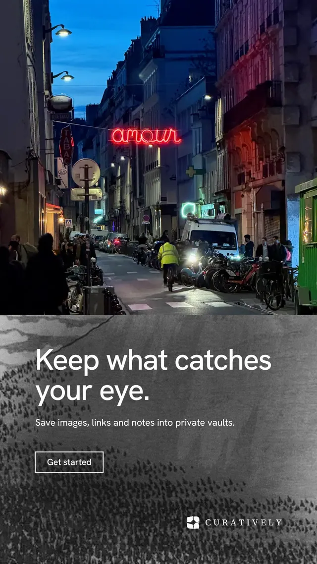 Instagram story for Curatively: "Keep what catches your eye." Editorial style, bottom layout, dark palette in black, grey, blue.