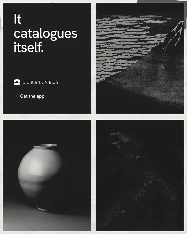 Instagram portrait post for Curatively: "It catalogues itself." Retro print style, collage layout, dark palette in black, grey.