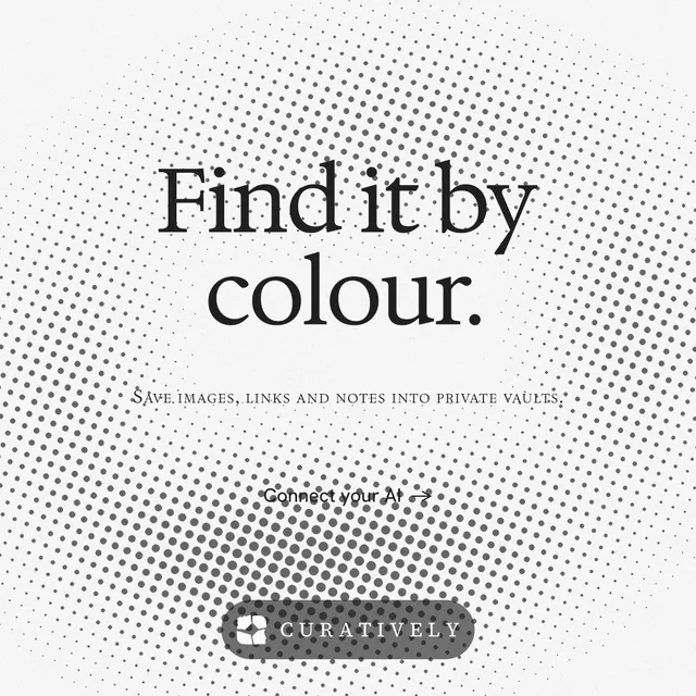 Instagram post for Curatively: "Find it by colour." Swiss style, smallcaps layout, light palette in white, grey.