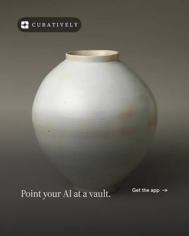 Instagram portrait post for Curatively: "Point your AI at a vault." Minimal luxury style, image led layout, dark palette in black, grey.
