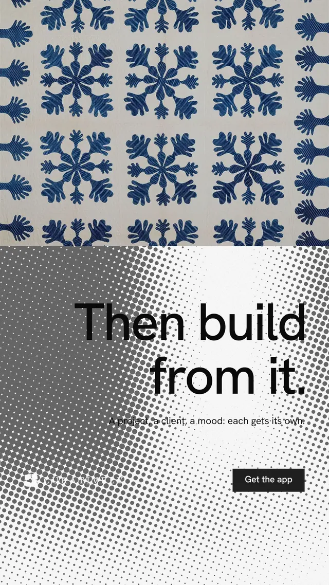 Instagram story for Curatively: "Then build from it." Swiss style, right layout, light palette in white, grey.