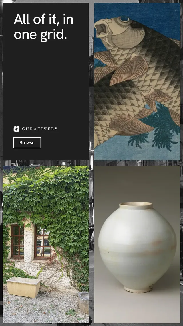 Instagram story for Curatively: "All of it, in one grid." Editorial style, collage layout, dark palette in black, grey.
