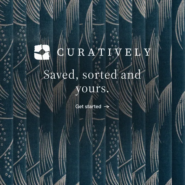 Instagram post for Curatively: "Saved, sorted and yours." Minimal luxury style, logo hero layout, dark palette in blue, grey.