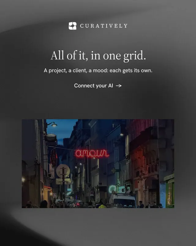 Instagram portrait post for Curatively: "All of it, in one grid." Minimal luxury style, centred layout, dark palette in black, grey.