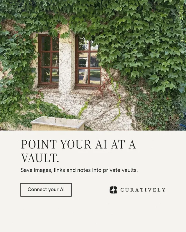 Instagram portrait post for Curatively: "Point your AI at a vault." Editorial style, bottom layout, light palette in white, green, grey.