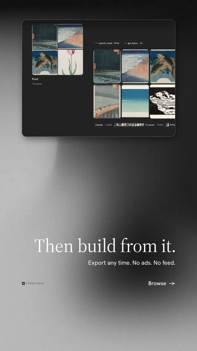 Instagram story for Curatively: "Then build from it." Minimal luxury style, right layout, dark palette in grey, black.