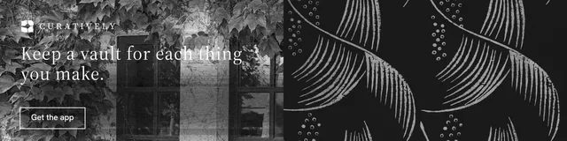 LinkedIn banner for Curatively: "Keep a vault for each thing you make." Editorial style, bottom layout, dark palette in black, grey.
