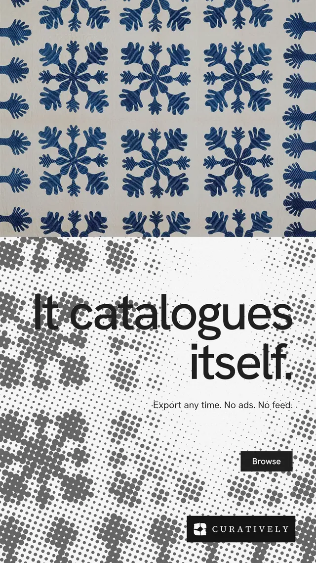 Instagram story for Curatively: "It catalogues itself." Swiss style, right layout, light palette in grey, white.