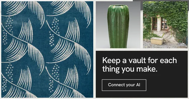 Social ad for Curatively: "Keep a vault for each thing you make." Editorial style, collage layout, dark palette in grey, blue.