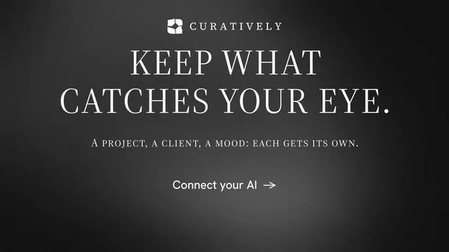 Landscape graphic for Curatively: "Keep what catches your eye." Minimal luxury style, smallcaps layout, dark palette in black, grey.