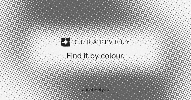Social ad for Curatively: "Find it by colour." Retro print style, end card layout, light palette in grey, white.
