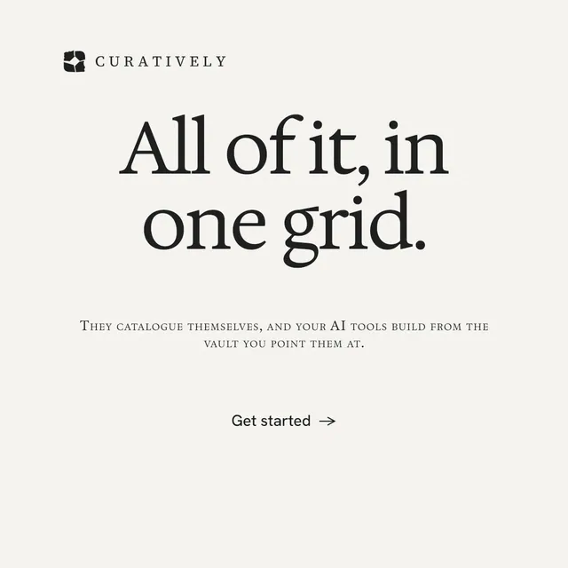 Instagram post for Curatively: "All of it, in one grid." Minimal luxury style, smallcaps layout, light palette in white.