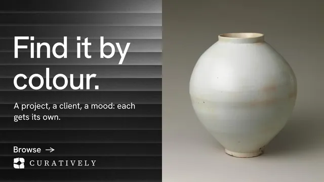 Landscape graphic for Curatively: "Find it by colour." Minimal luxury style, bottom layout, dark palette in black, grey.