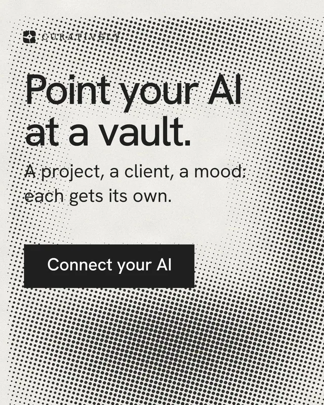 Instagram portrait post for Curatively: "Point your AI at a vault." Swiss style, skeleton layout, light palette in grey, white.