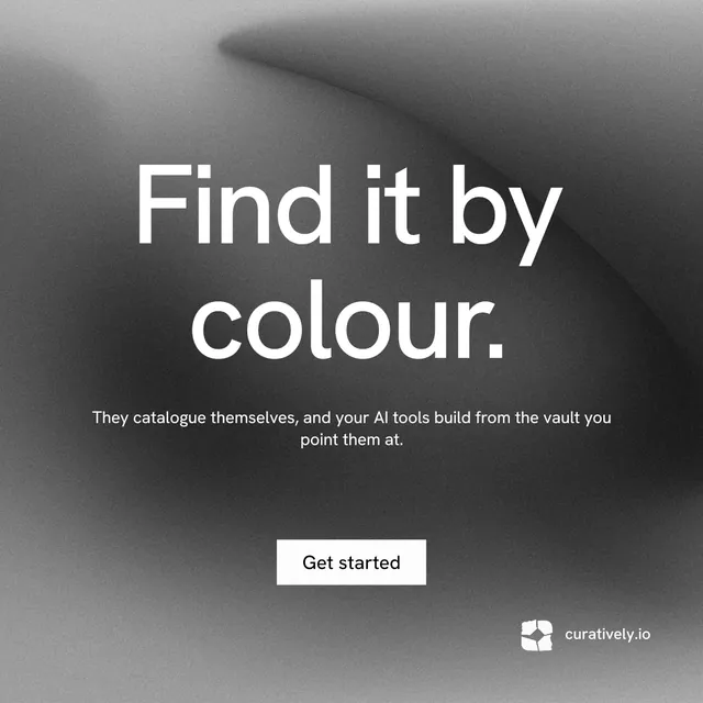 Instagram post for Curatively: "Find it by colour." Swiss style, centred layout, dark palette in grey, black.
