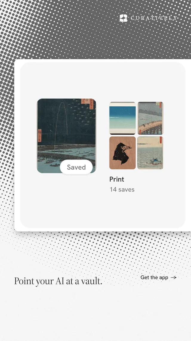 Instagram story for Curatively: "Point your AI at a vault." Split block style, image led layout, light palette in white, grey.