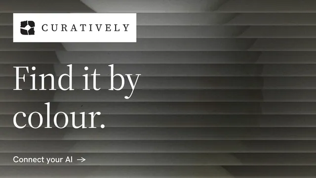 Landscape graphic for Curatively: "Find it by colour." Minimal luxury style, announce layout, dark palette in grey, black.