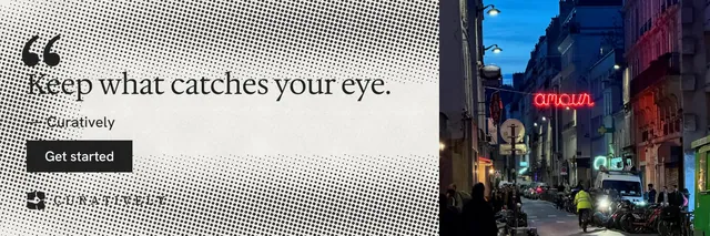 X header for Curatively: "Saved, sorted and yours." Swiss style, quote layout, light palette in purple, grey, white.