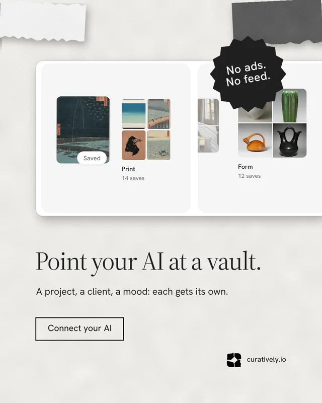 Instagram portrait post for Curatively: "Point your AI at a vault." Editorial style, sticker layout, light palette in white, grey.