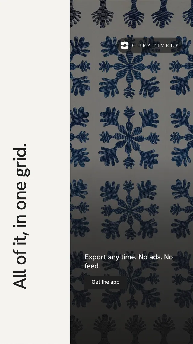 Instagram story for Curatively: "All of it, in one grid." Swiss style, vertical layout, light palette in white, black, grey.