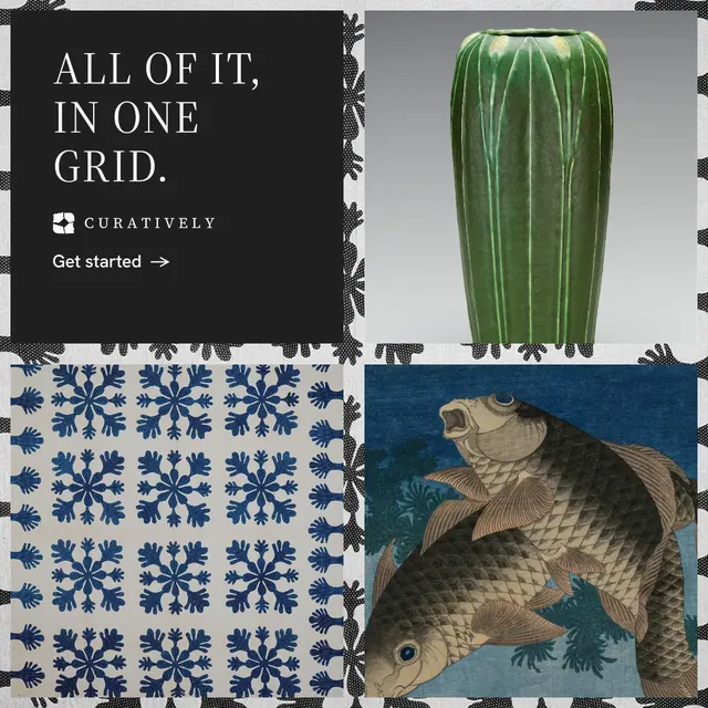 Instagram post for Curatively: "All of it, in one grid." Minimal luxury style, collage layout, dark palette in grey, black, blue.