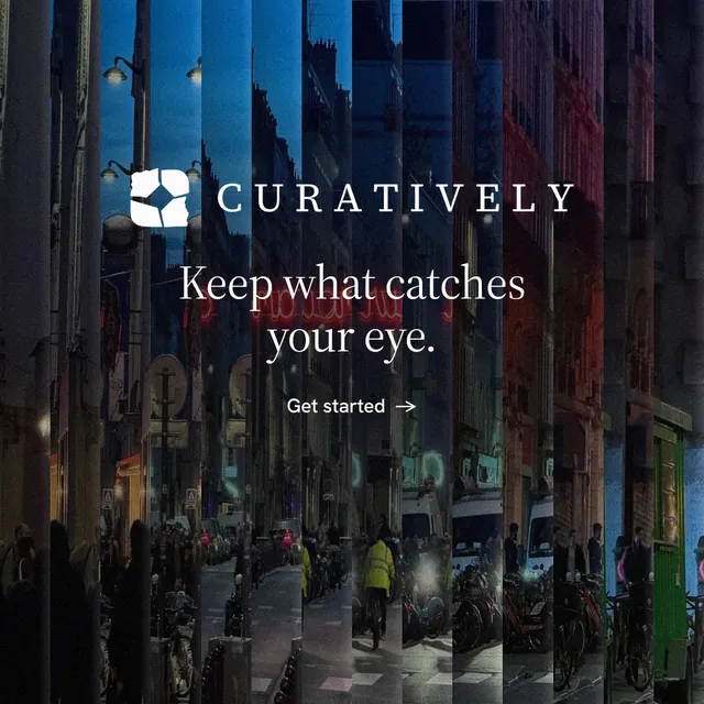 Instagram post for Curatively: "Keep what catches your eye." Minimal luxury style, logo hero layout, dark palette in black, blue.