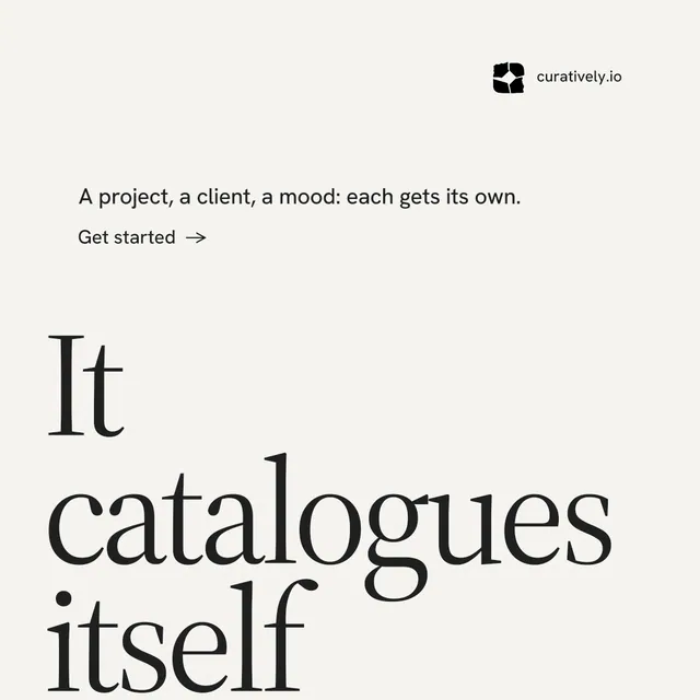 Instagram post for Curatively: "Saved, sorted and yours." Minimal luxury style, oversized layout, light palette in white, grey.