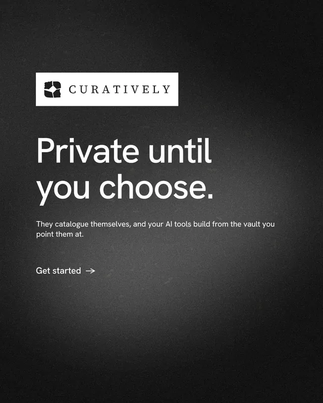 Instagram portrait post for Curatively: "Private until you choose." Minimal luxury style, announce layout, dark palette in black, grey.